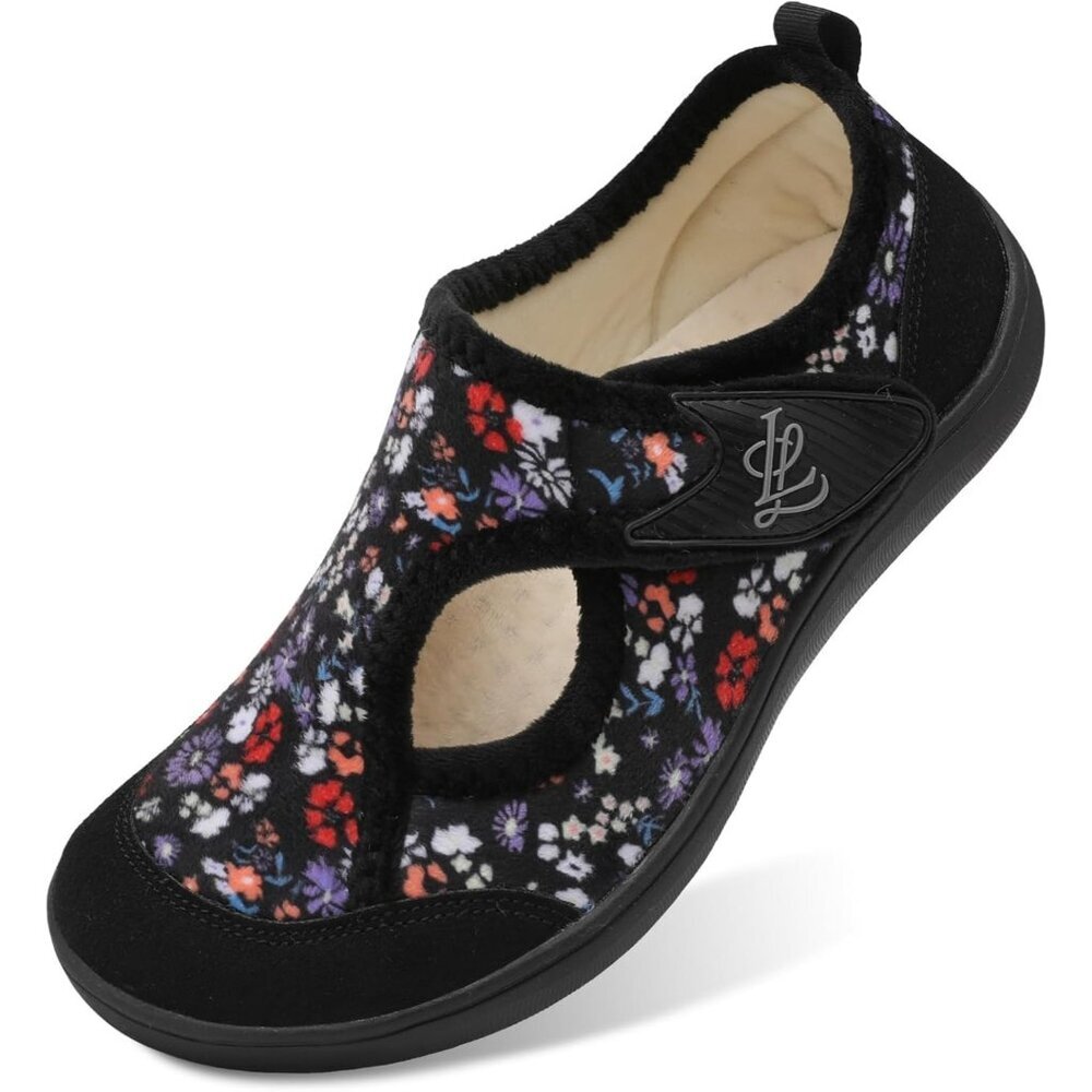 〽️Women's Slippers Flower Black Adjustable Arthritis House Shoes Hook and Loop